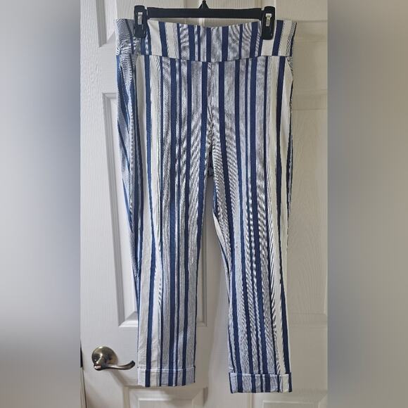 Pants - New York & Company Pull On Ankle Pant Striped Blue and White Nautical Summer
